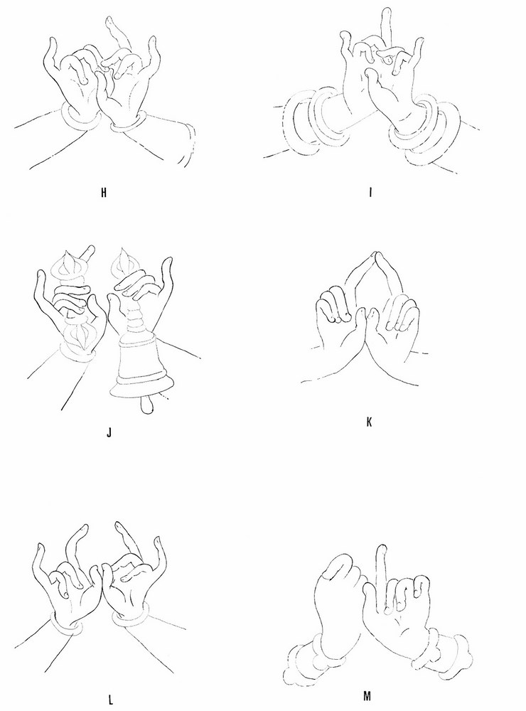 Fig. 5. — Mudrā (h à m). h) vajradhātu-mudrā 2, d’après SL 59 (supra, p. 180 et n. 7). i) la même (ou presque), d’après un ms. népalais de 1274 (Waldschmidt, op. cit., pl. 69, 2e à partir du haut). dharmadhātu-mudrā. d’après SL 59 (supra, p. 181 et n. 1). k) mudrā attribuée à Vairocana par un ms. népalais « Pañcarakṣā » de 1690, coll. particulière. I) « vairocana-mudrā », d’après SL 59 (1720 <span aria-label=