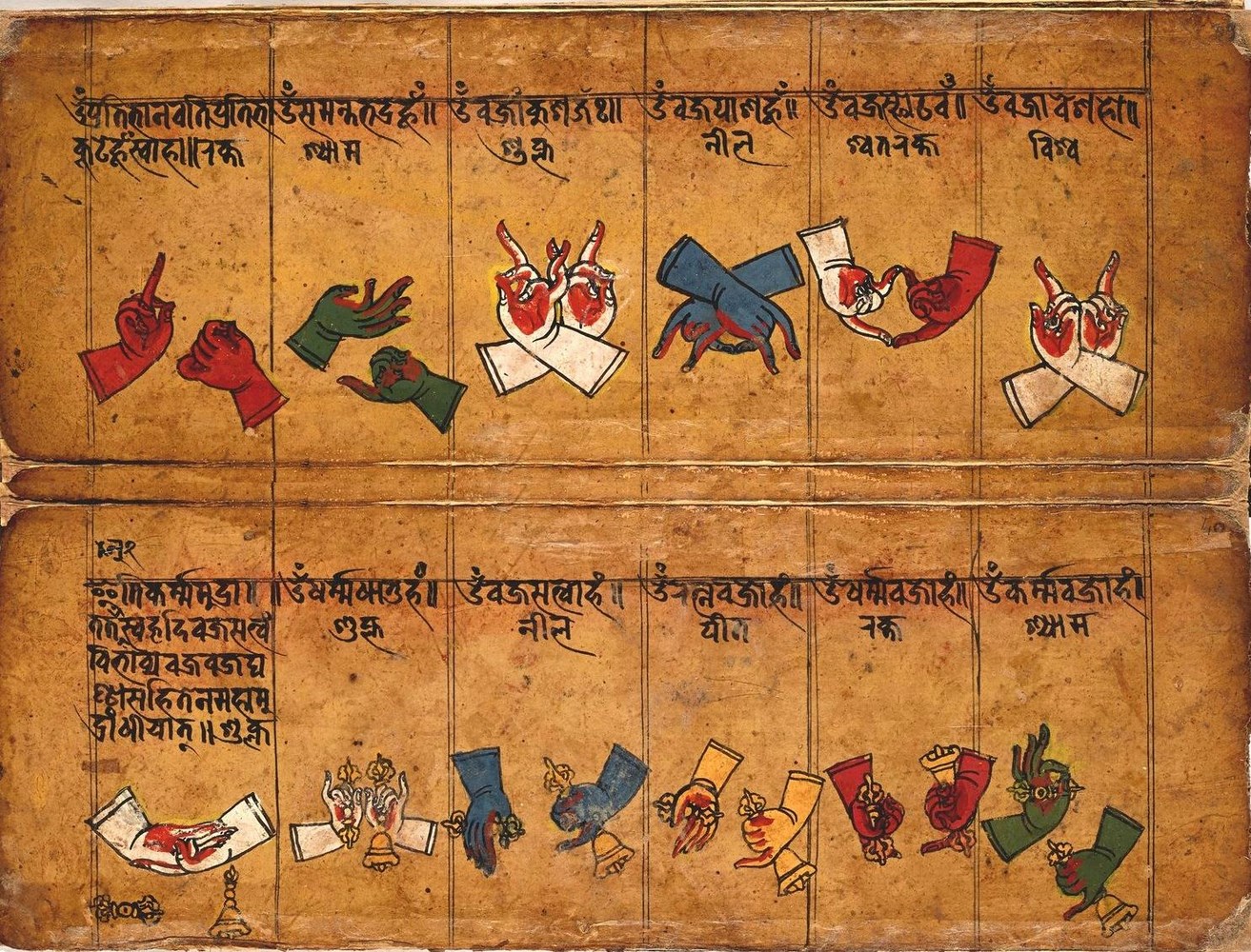 Fig 1. Mudrā, série B : en haut, à dr., Vajradhātu ; en bas, de g. à dr. Vajrasatva, Vajraratna, Vajradharma, Vajrakarma, correspondant aux cinq Tathāgata : Vajrasatva, Vajrarāja de la série des seize Vajra°.