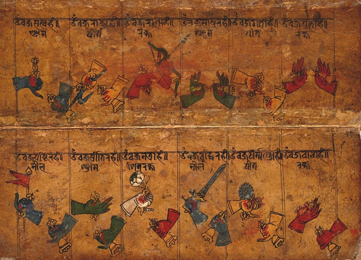 Fig. 4. Mudra, série C, quatre des seize Vajra°, huit déesses du Culte des Offrandes : Vajraviśva, Vajravirya (sic), Vajracaṇḍa, Vajramuṣṭi, Vajralāsyā, Vajramālā, Vajragītā, Vajranṛtyā, Vajradhūpā, Vajrapuṣpā, Vajrālokā, Vajradandhā.